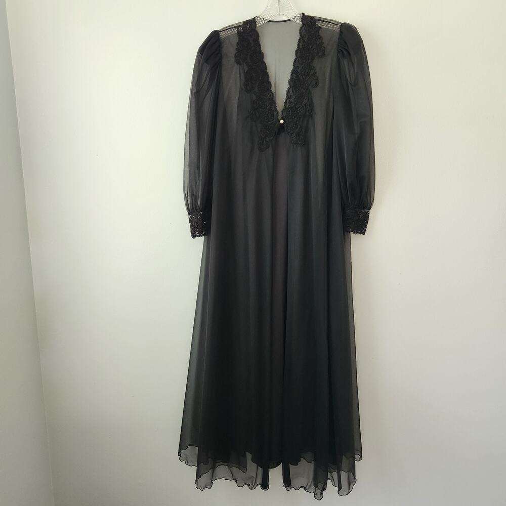 Olga Peignoir Set Vtg Women's S Black Nylon Lace Nightgown Sheer Robe Whimsigoth